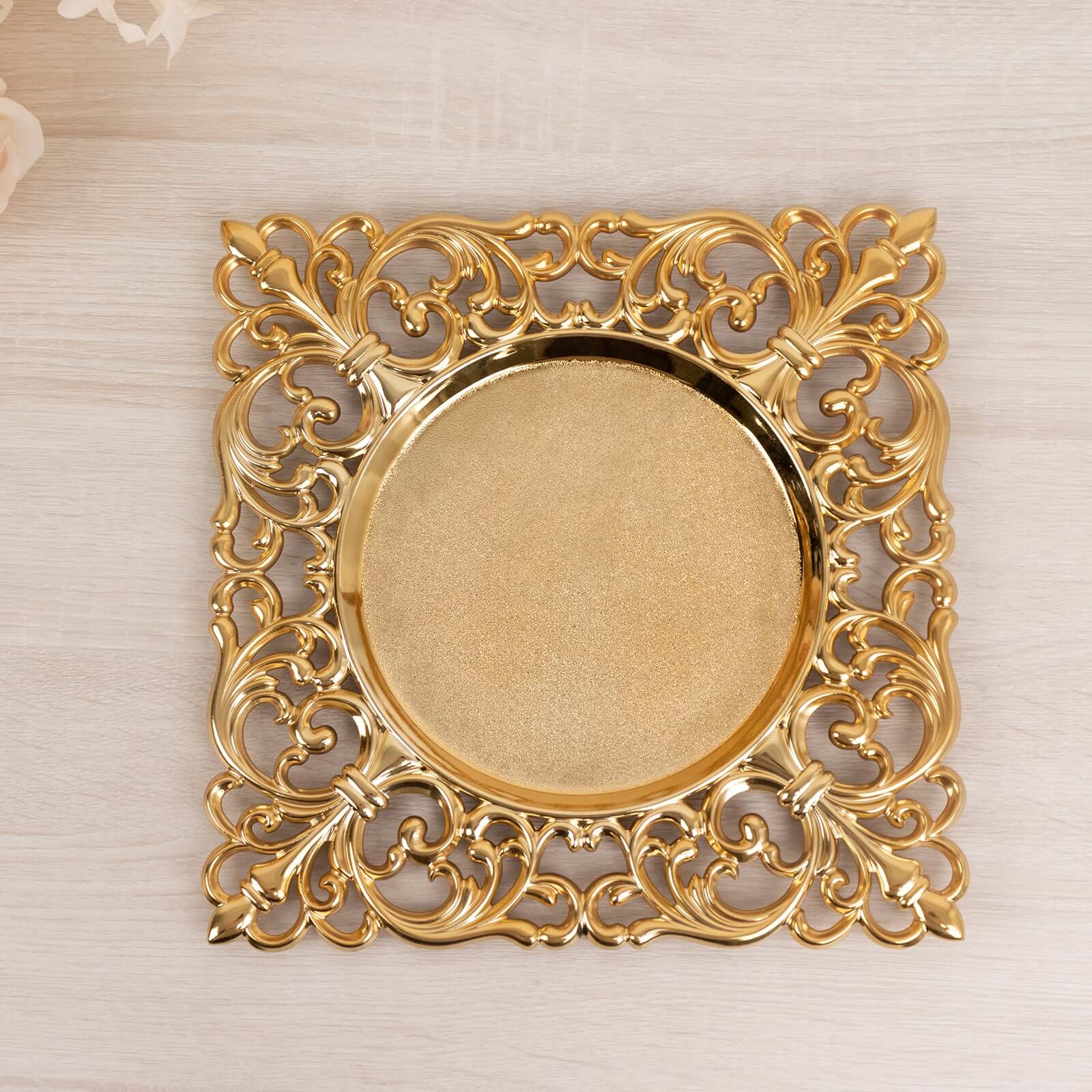 6-Pack Acrylic Charger Plates 12" Square Gold with Hollow Lace Border - Event Tabletop Decorative Charger Tableware - Image 5