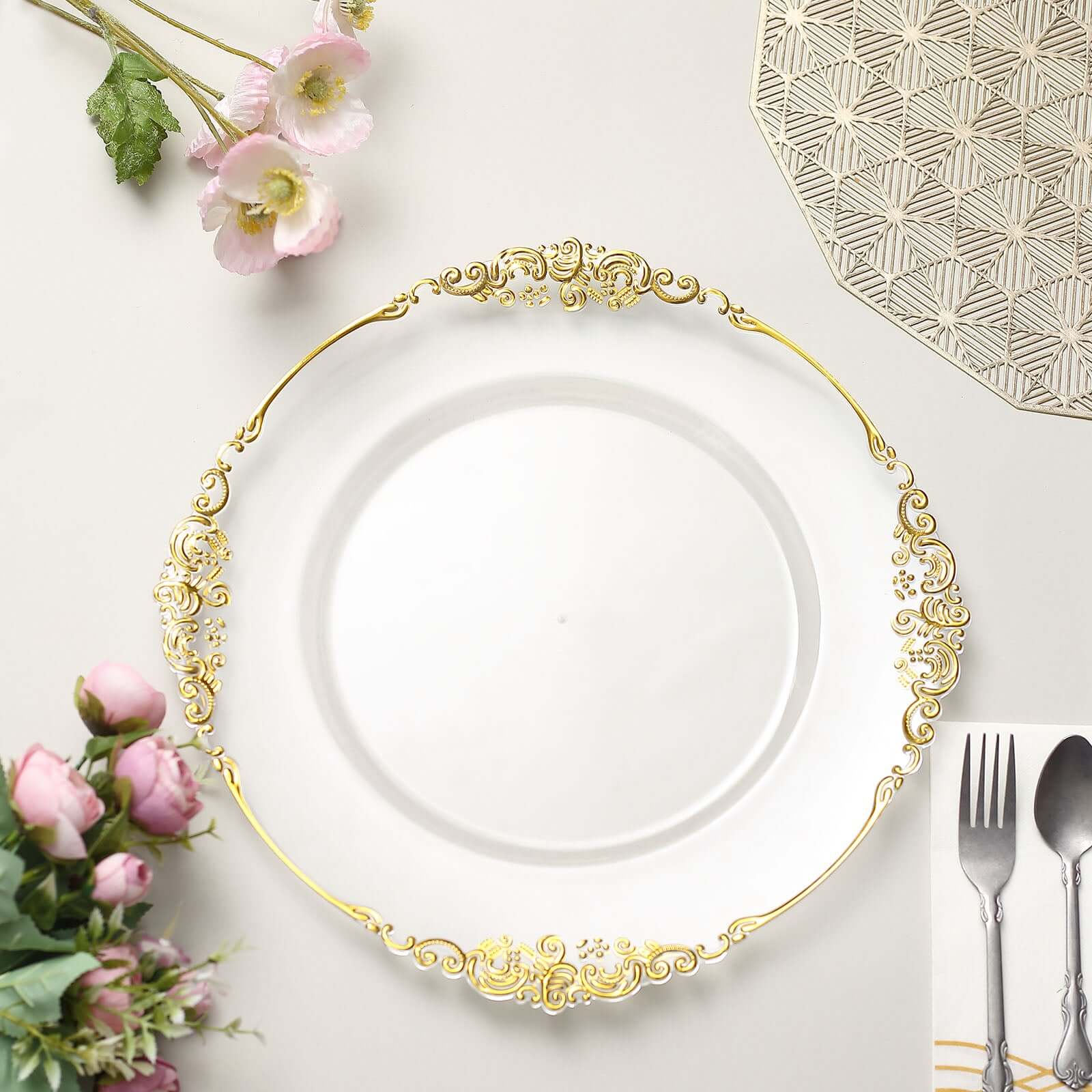 6-Pack Acrylic Charger Plates 13" Round Clear with Gold Embossed Baroque Rim - Antique Decorative Dinner Tableware - Image 6
